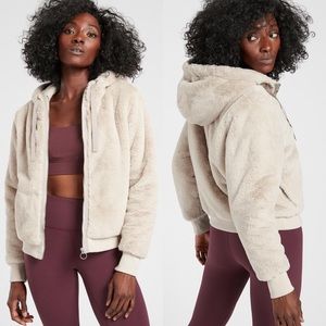 Athleta Beige Cozy Faux Fur Ritual Zip Up Hooded Jacket